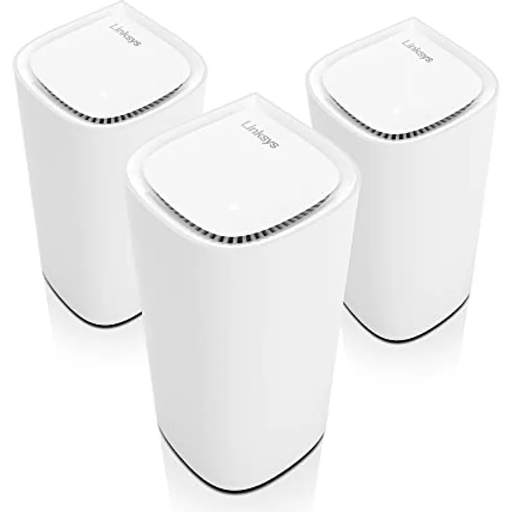 Linksys Velop Pro WiFi 6E Mesh-System MX6203-KE – Cognitive Mesh-Router mit 6-GHz-Band-Zugriff und 5,4 Gbit/s – Mesh-Abdeckung für bis zu 825 m² und 600 Geräte – 3er-Pack