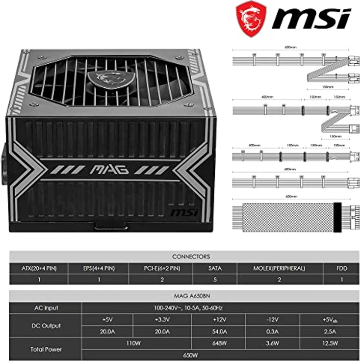 MSI MAG A650BN Netzteil, EU-Stecker - 650W, 80 Plus Bronze zertifiziert, ATX-Netzteil, 12V Single-Rail, DC/DC-Spannungswandler-Design, 120mm Lüfter - 5 Jahre Garantie – Bild 5