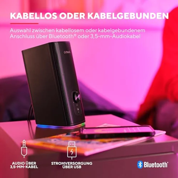 Trust Gaming GXT 612 Cetic Bluetooth Lautsprecher 2.0, PC Lautsprecher mit RGB LED Beleuchtung, 18W (10W RMS), 76% Recyclingkunststoff, USB-Betrieb Speaker Set, PC Boxen Computer Laptop - Schwarz – Bild 4