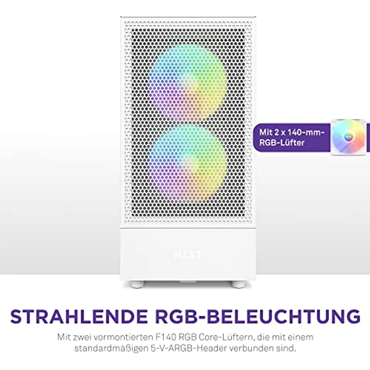 NZXT H5 Flow RGB - CC-H51FW-R1 - ATX Mid-Tower Gaming PC-Gehäuse - USB-C Port - Mesh Front- & Tempered Glass Seitenteil - 2X F-Series 140mm Core RGB Fans inklusive - Wasserkühlung Ready - Weiß – Bild 5