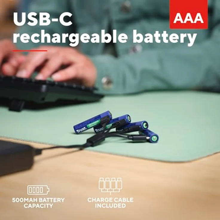 Trust USB-C Wiederaufladbare AAA Batterien, 4er-Pack mit 500 mAh, Schnellladung, grüner LED-Akkustatusanzeige, USB-Kabel enthalten – Bild 2