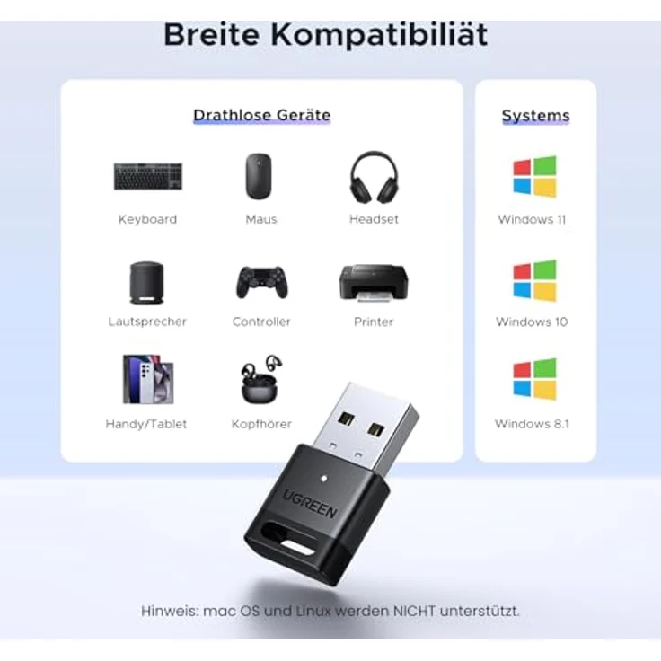 UGREEN Bluetooth 5.4 Dongle für PC, USB Adapter mit Dual Mode, 5 Geräte gleichzeitig verbindbar, für Windows 11/10/8.1 – Bild 4