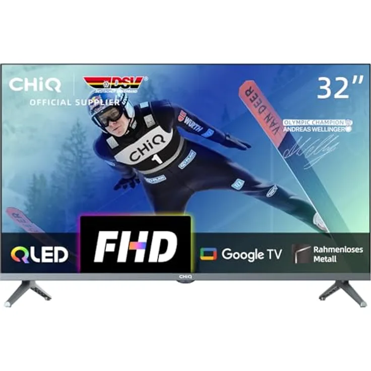 CHIQ QLED Fernseher 32 Zoll, FHD, HDR, rahmenloses Metall-Design, Google TV, Chromecast, Quad-Core CPU, Dolby Audio