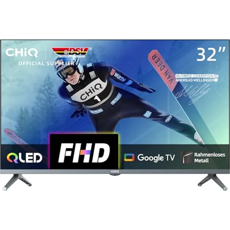 CHIQ QLED Fernseher 32 Zoll, FHD, HDR, rahmenloses Metall-Design, Google TV, Chromecast, Quad-Core CPU, Dolby Audio – Bild 1