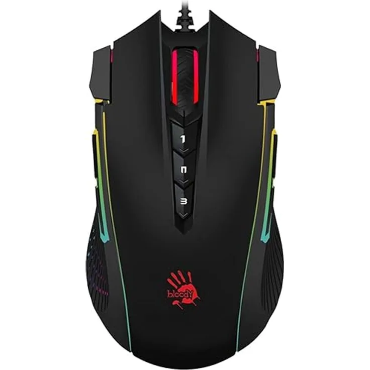 A4Tech Bloody J90S Gaming-Maus, 8000 CPI, anpassbare RGB-Beleuchtung, 6 Scharfschützenmodi, 2 zusätzliche Schießtasten, X/Y-Achse einstellbar, X'Glide Metallstiefel