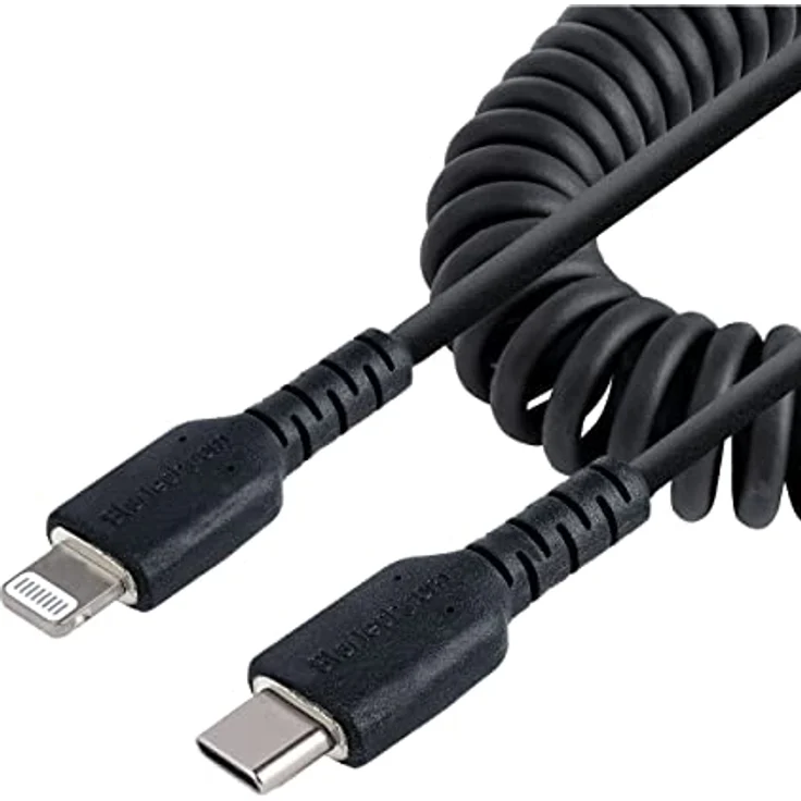 StarTech.com 1m USB C auf Lightning Kabel, spiralkabel, MFi-zertifiziert, Schnellladekabel für iPhone/iPad/iPod, schwarz, langlebiger TPE-Mantel aus Aramidfaser, USB C 2.0 Kabel (RUSB2CLT1MBC) – Bild 1