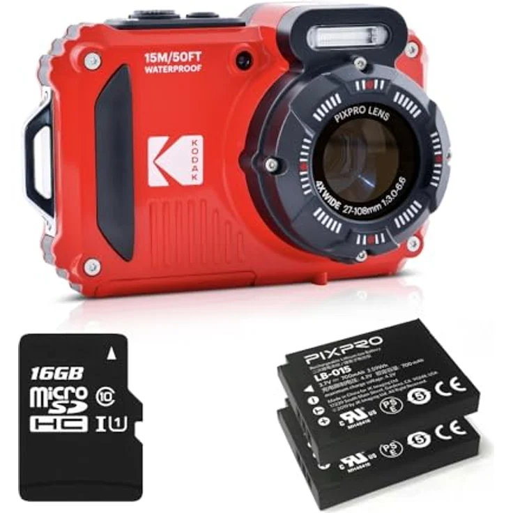 KODAK Pixpro WPZ2 Kompaktkamera, 16 M Pixel, wasserdicht bis 15 m, stoßfest, 720p Video, LCD 2,7 Zoll, Li-Ion-Akku, Rot – Bild 1