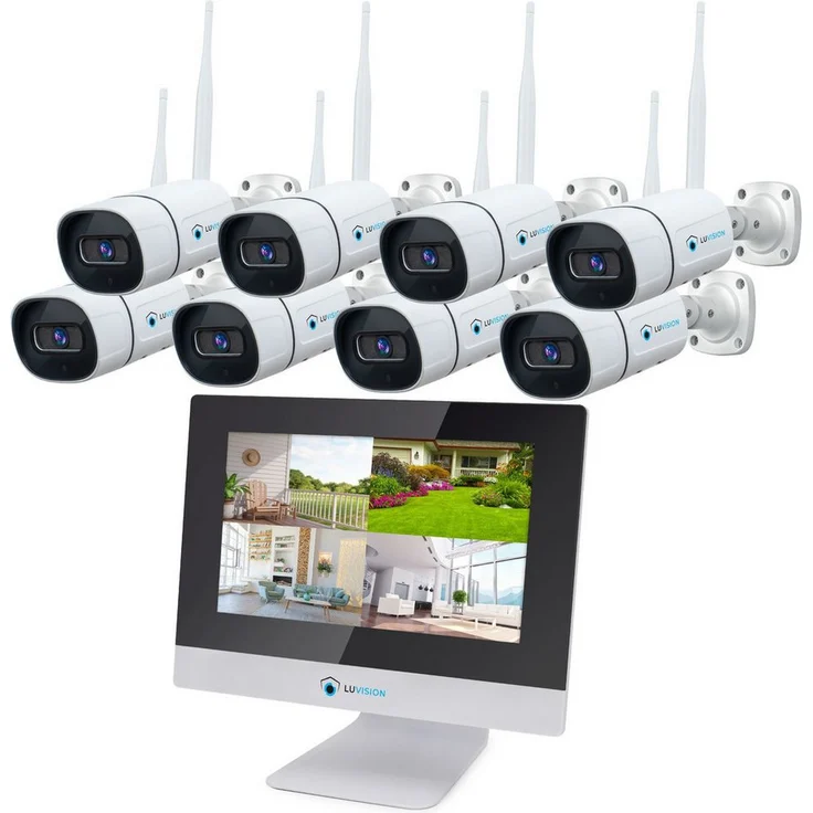 LUVISION Überwachungskamera LV-101+8, WLAN IP Überwachungssystem mit 3MP IP Kamera Set, Monitor, Mikrofon, PC Software & App, Cloud, Push Alarm, Nachtsicht, H.265 Komprimierung