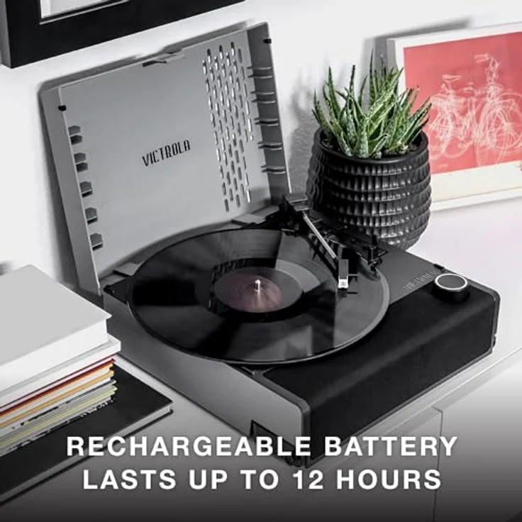 Victrola Revolution GO Tragbarer Bluetooth-Plattenspieler mit DREI Abspielgeschwindigkeiten, nachladbarem Akku mit 12 Stunden Spielzeit und integrierten Lautsprechern | Schwarz | VSC-750SB-BLK-EU – Bild 2