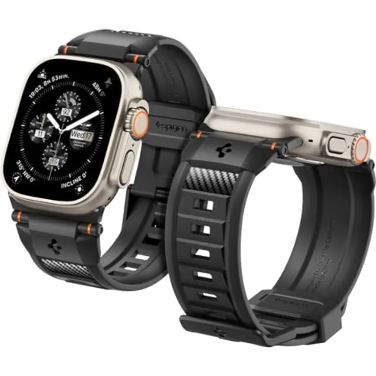 Spigen Rugged Ultra Band Armband - Matt Schwarz, Hochwertiges TPU, Metallschnalle, breites, robustes Design, passend für Apple Watch Modelle der Serie Ultra 2 / Ultra 49mm, Serie 9/8/7 45mm, Serie SE2/6/SE/5/4 44mm und Serie 3/2/1 42mm