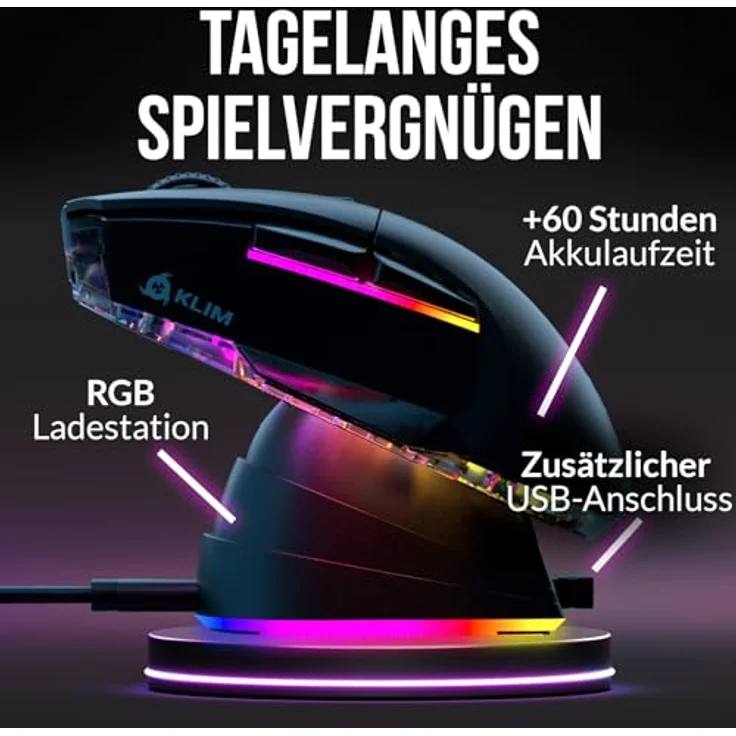 KLIM Blaze X Gaming-Maus, kabellos mit Ladestation und RGB Beleuchtung – Bild 6