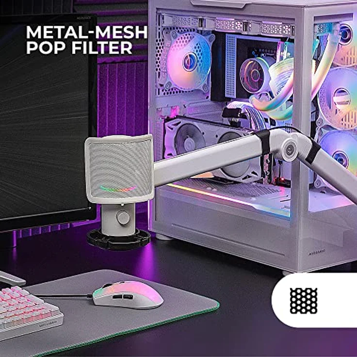 MARSGAMING MMIC-XT, Professionelles High Definition 192Khz 24-bit Studiomikrofon, Kugelarm, Anti Shock Mount, Pop Filter Metallgitter, weiß – Bild 3