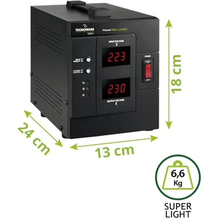 Tecnoware Power Reg 2000VA, Spannungsregler mit 2 AC-Ausgängen und LCD-Display, schwarz – Bild 3