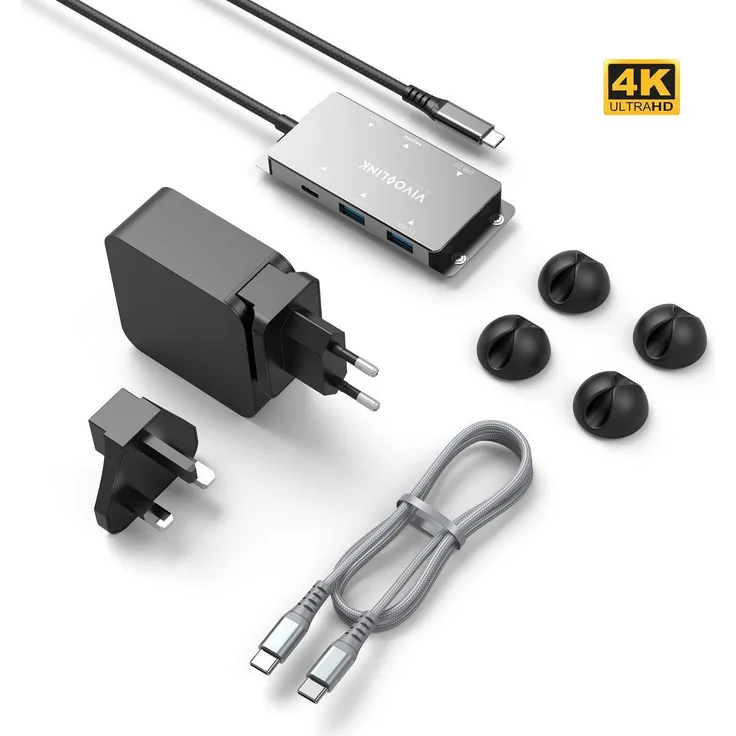 Vivolink VLUSBCHUB, USB-C Hub mit 2.0/3.2 Gen 1, HDMI-Ausgang und DisplayPort-Ausgang, 1,5 m Kabel, Metallgehäuse, maximal 4K Auflösung