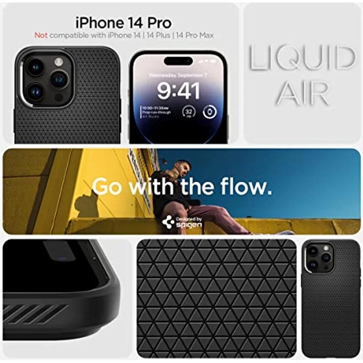 Spigen für iPhone 14 Pro Liquid Air Hülle Case Handyhülle - Matte Black - Gemustertes TPU, Air Cushion Technologie, Truss-muster und Spider Web, Schutzrand – Bild 2