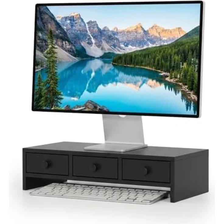 relaxdays Monitorständer mit 3 Schubladen, ergonomische Bildschirmerhöhung für Büro und Home Office, schwarz – Bild 1