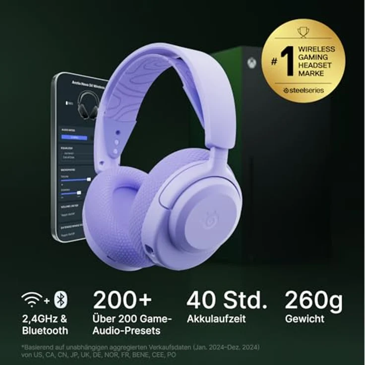 SteelSeries Arctis Nova 3X Wireless Gaming-Headset, 40 Std. Akku, Neodym-Magnet-Treiber, App-Steuerung, 2,4 GHz/Bluetooth, abnehmbares Mikrofon, Xbox, PS5, PC, Switch, Mobilgeräte - Lavendel – Bild 2