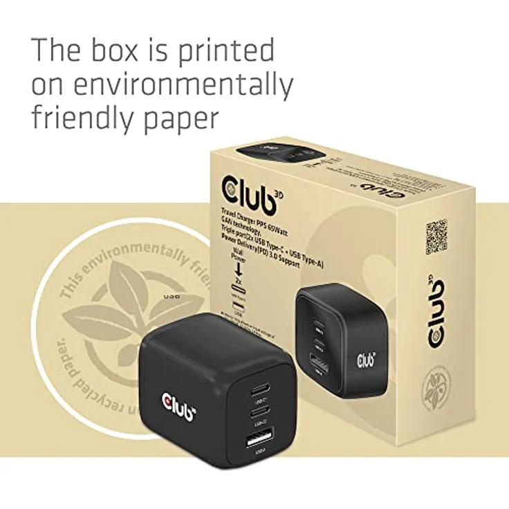 Club 3D CAC-1913 Reiseladegerät, 2x USB Typ C, 1x USB Typ A, PD 65W, Schwarz – Bild 7