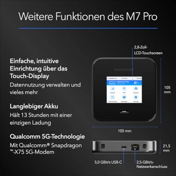 Netgear Nighthawk M7 Pro 5G WiFi 7 Mobile Router, kompakter Hotspot mit RJ-45 und USB Typ C, Schwarz – Bild 8