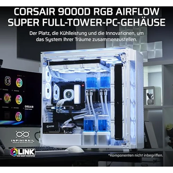Corsair 9000D RGB Airflow Super Full-Tower-PC-Gehäuse – Geräumige Innenraum – InfiniRail™-Lüfterhalterungssystem – iCUE LINK-System-Hub Inbegriffen – Weiß – Bild 3