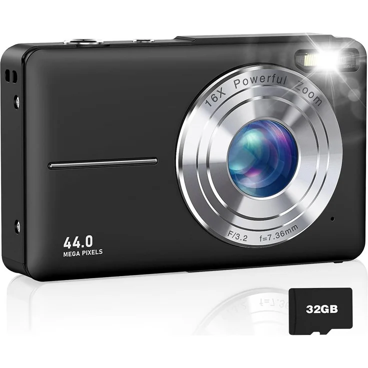 AIORBER Kinder Digitalkamera 44MP 1080P, 16x Zoom, 2,4" Display, Bildstabilisierung, stoßfest, kompakt, Schwarz