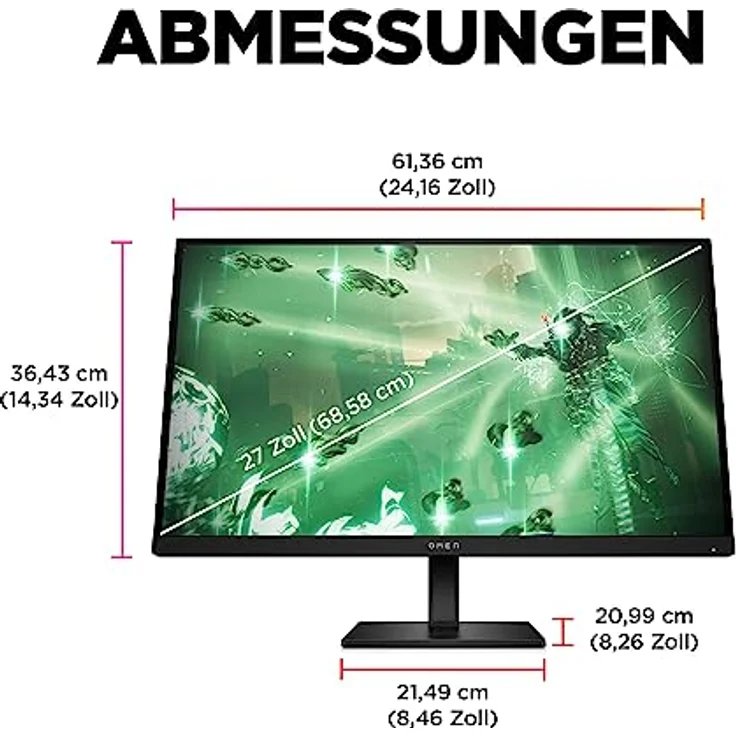 HP Omen 27q 27" QHD IPS Gaming Monitor, 165Hz, 1ms, FreeSync, HDMI/DP, 16:9 Display – Bild 8