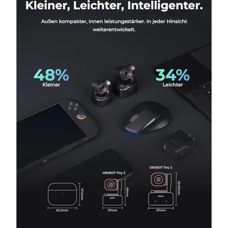 OBSBOT Tiny 3, KI-Webcam 4K mit AI Tracking, PTZ Kamera, 1/1,28" Sensor, Tri-Mic, Sprach- & Gestensteuerung, 120FPS, HDR für PC, Laptop & Streaming – Bild 3
