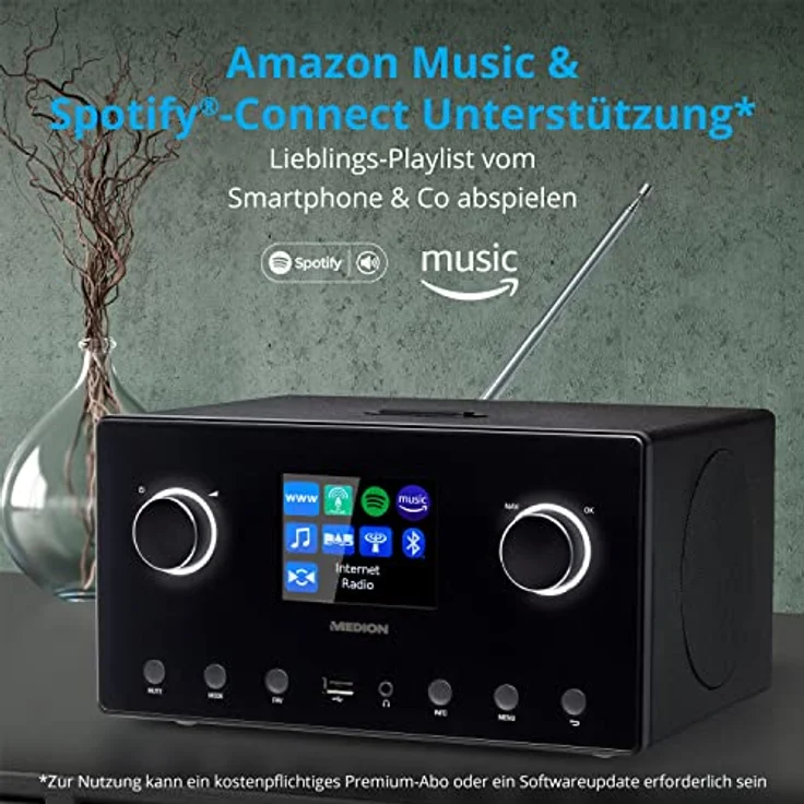 MEDION P85444 2.1 Internetradio mit Subwoofer (DAB+, UKW Radio, Spotify Connect, WLAN, Bluetooth, Streaming, Equalizer, Farbdisplay, USB, AUX, Wecker, Schlummerfunktion, Sleep Timer) in schwarz – Bild 3