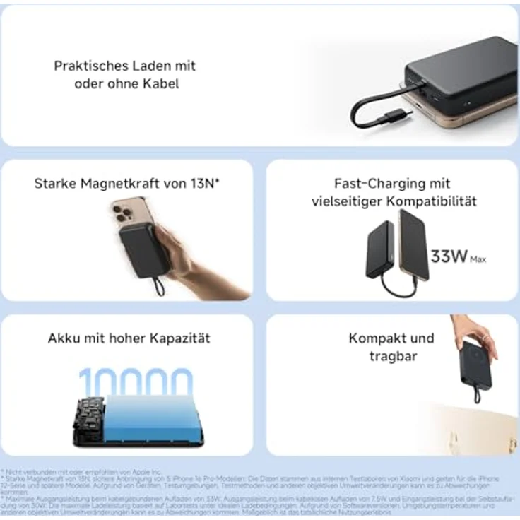 Xiaomi 33W Magnetic Power Bank 10000mAh, ultraschnelles Aufladen, kabelloses Laden mit 13N Magnetkraft, Magsafe für iPhone 16 Pro und ältere Modelle – Bild 2