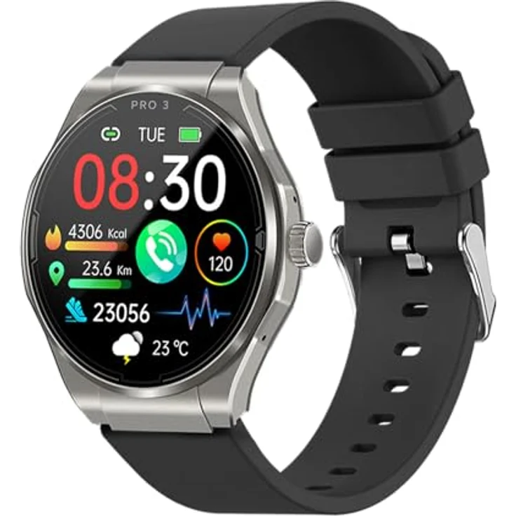 Knauermann PRO 3 (2024) Silber - Gesundheitsuhr Smartwatch mit Telefoniefunktion - EKG + HRV und SOS Funktion - AMOLED Display- BT Bluetooth - Schlafapnoe - Silikonband Schwarz, 14-24, rund – Bild 2