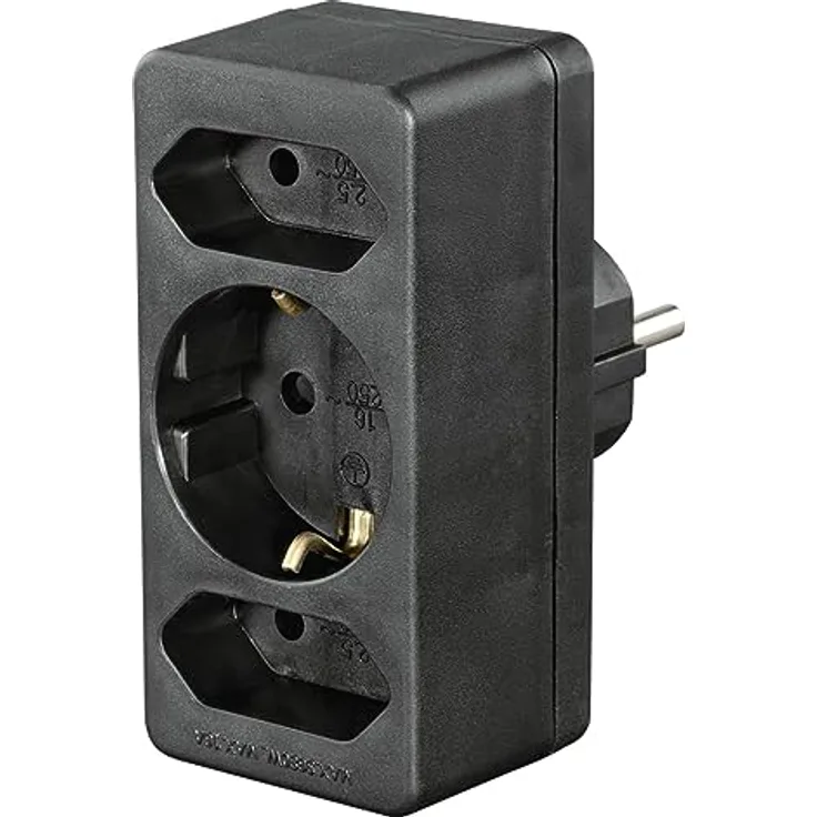 Steckdosenadapter 3-Fach, 1x Schutzkontakt, 2X Euro, Schwarz