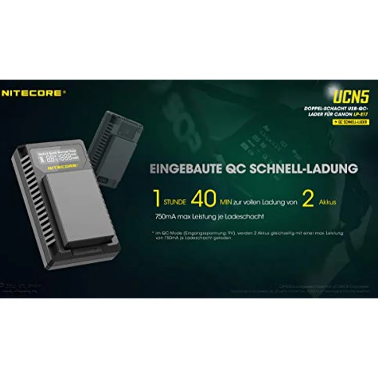 Nitecore UCN5 - Ladegerät für Canon Akku LP-E17, Quick Charge, schwarz – Bild 4