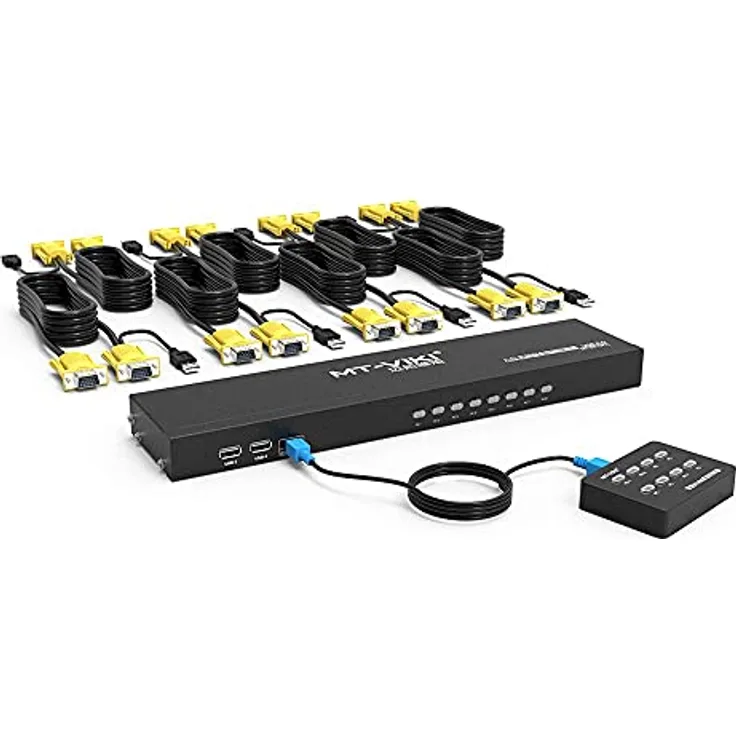 MT-VIKI VGA KVM Switch 8 Port 1U Rackmount KVM Switch 8x1 Unterstützt Tastatur Maus USB-Lautsprecher inklusive 8XKVM-Kabel Desktopsteurung 2xRack-Satz