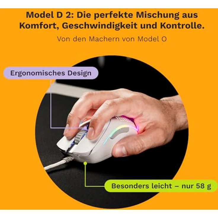 Glorious Gaming Model D 2 Wired Gaming Mouse - Ultra-leicht 58g, 26K Optischer Sensor, 80-Millionen-Klicks-Lebensdauer - Mattweiß – Bild 2