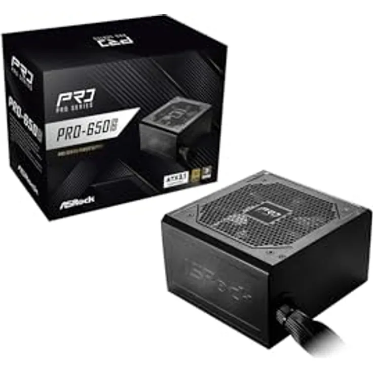 AsRock Pro Series PRO-650G, 650W ATX Netzteil mit 80 PLUS Gold-Zertifizierung, Schwarz, geräuscharmer 120 mm Lüfter, fixes Kabelmanagement