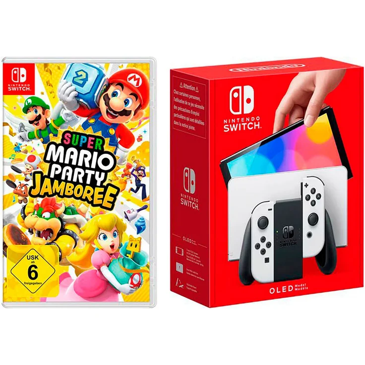 Nintendo Switch OLED, Konsole mit 7-Zoll-OLED-Bildschirm, weiß + Mario Party Jamboree