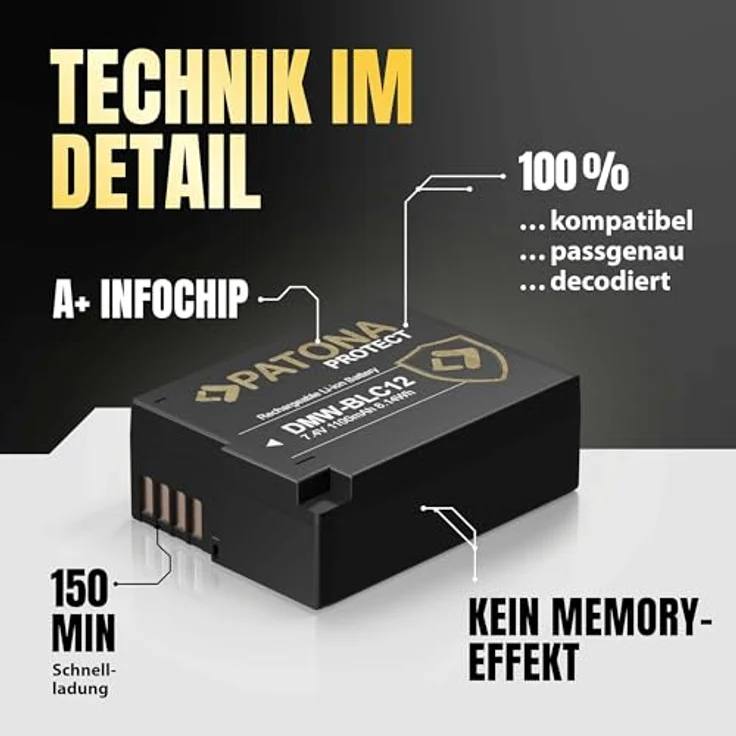 PATONA Protect DMW-BLC12 Kamera Akku 1100mAh mit NTC Sensor und V1 Gehäuse, kompatibel mit Panasonic Lumix DMC FZ200 FZ300 FZ330 FZ1000 G5 G6 G7 G70 G81 G85 G91 GH2 GX8 – Bild 4