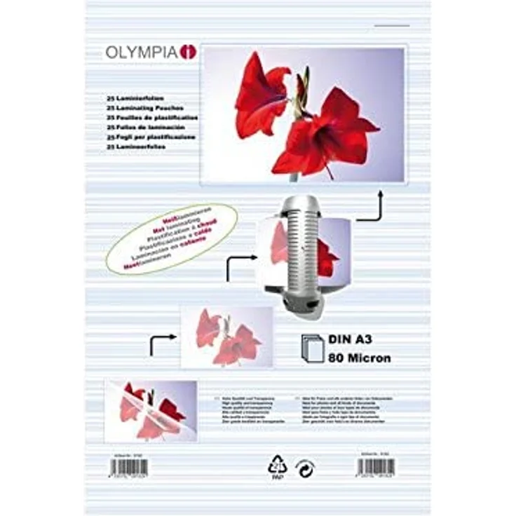 Olympia Laminiergerät 1x25 Laminierfolien DIN A3 80 micron, hohe Qualität, farblos – Bild 3