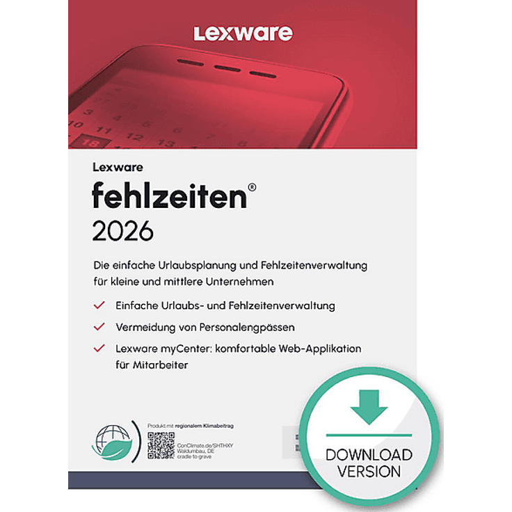 LEXWARE FEHLZEITEN 2026, Steuersoftware zur Urlaubs- und Fehlzeitenverwaltung für PC, 365 Tage Jahreslizenz mit automatischer Aktualisierung