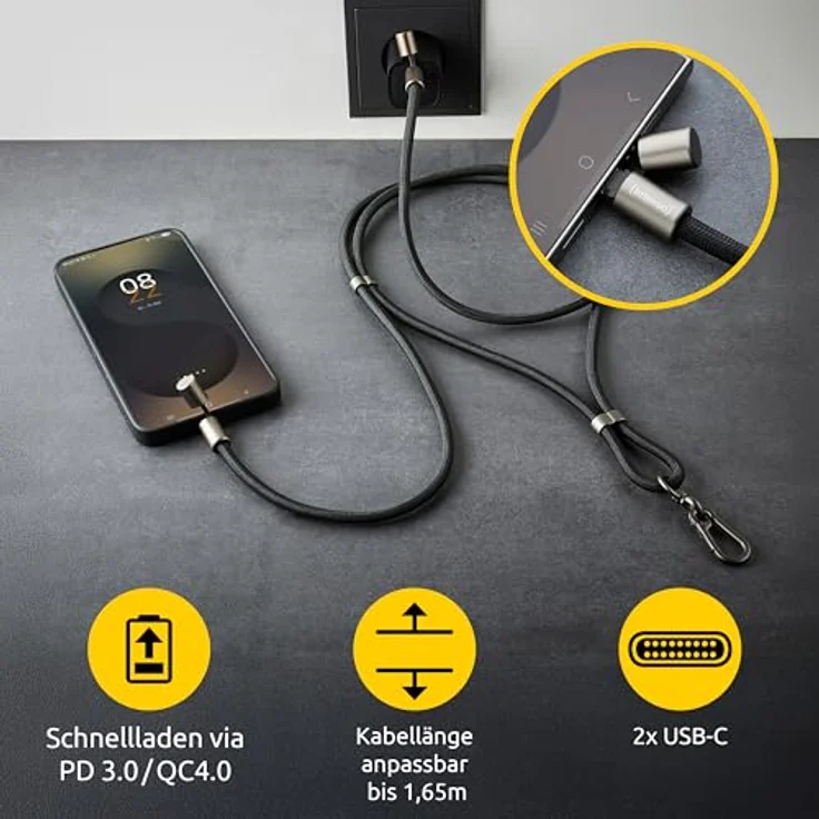 Intenso USB-C Lade- und Datenkabel Handykette, 60W, 480 Mbps, größenverstellbar, Nylon, schwarz – Bild 4