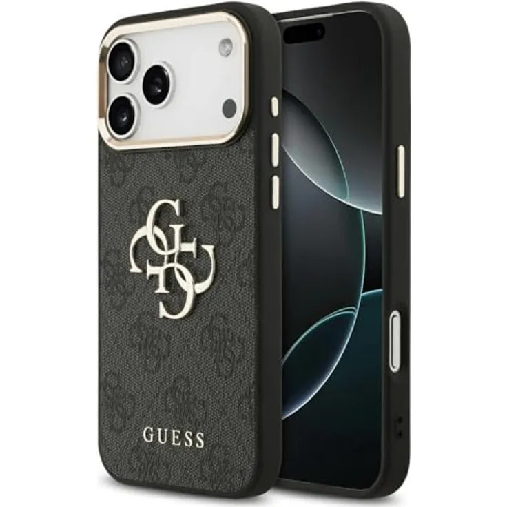 CG MOBILE Guess 4G Groß 4G Klassiker Logo Hülle für iPhone 17 Pro Max, Schwarz/Gold, Kunstleder/TPU/PC, Hoher Schutz und präzise Passform