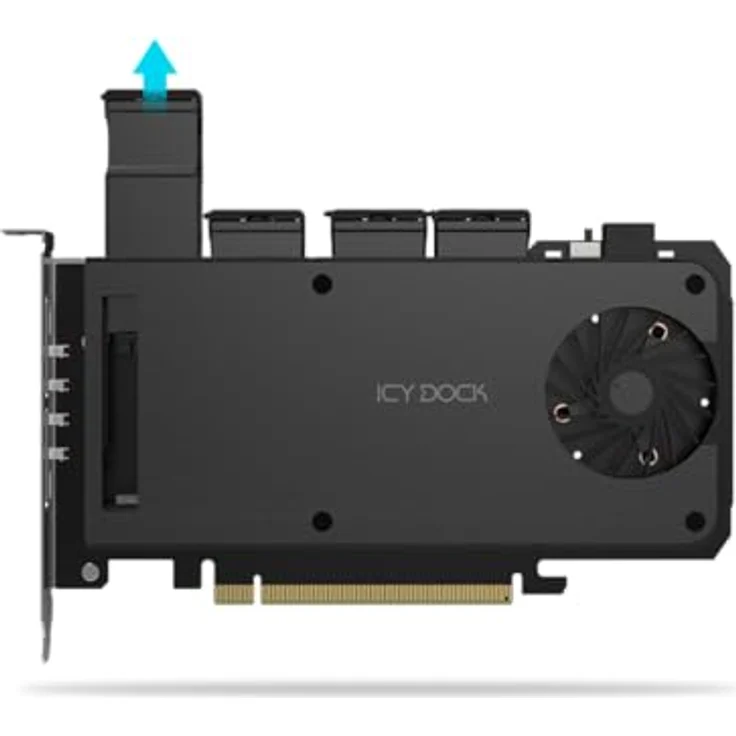 ICY DOCK 4-Bay M.2 NVMe SSD zu PCIe 5.0 x16 Wechselrahmen-Gehäuse/Adapterkarte für PCIe Erweiterungsslot (PCIe Bifurcation nötig) - ExpressSlot Slide MB204MP-B, 4x M.2 PCIe NVMe SSD Aufnahme, werkzeuglose Installation, Lüfter mit Ein/Aus-Schalter, ICY DOCK. – Bild 2