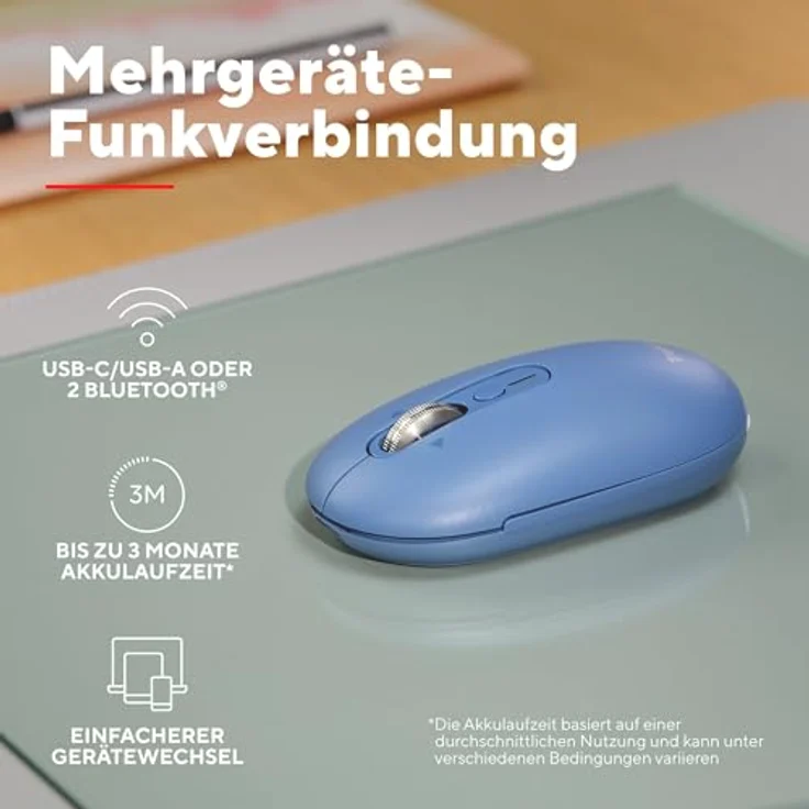 Trust Seron Kabellose Maus, wiederaufladbar mit ultraschnellem Scrollrad, Bluetooth + 2.4GHz, leise Tasten, aus 65% Recyclingkunststoff, Mehrgeräte-Funkmaus, blau – Bild 4