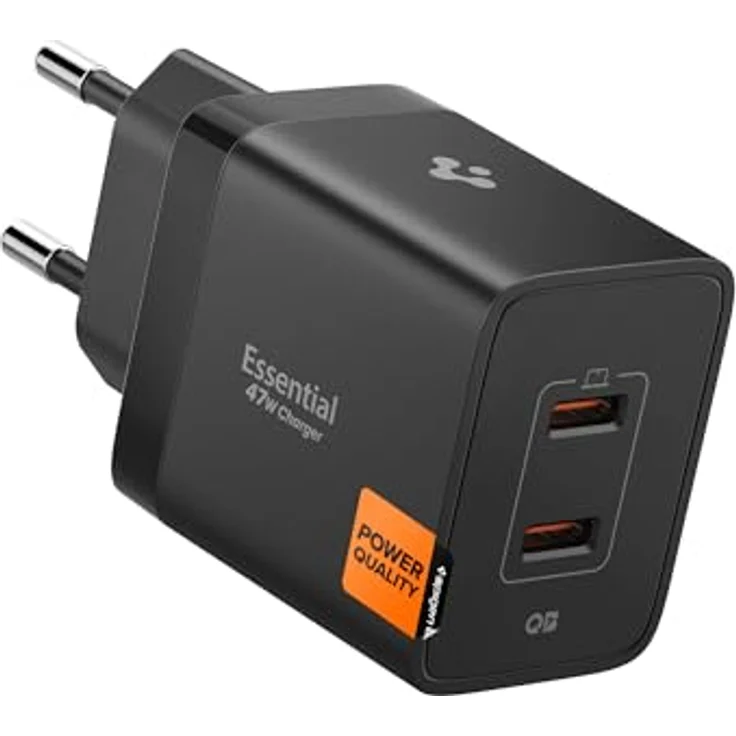 Spigen ArcStation Essential GaN 47W 2-Port USB-C Ladegerät, PPS Schnellladegerät mit PD 3.0 für iPhone 17/16/15 Pro Max, Galaxy S25 Ultra, iPad - Schwarz – Bild 1