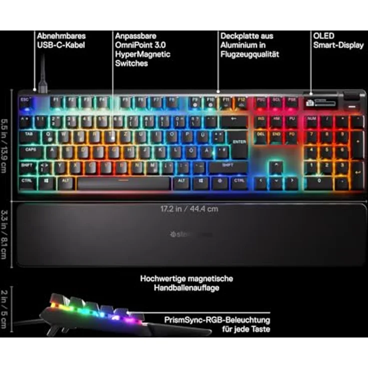 SteelSeries Apex Pro Gen 3 HyperMagnetic Gaming-Tastatur - OmniPoint 3.0 Switches - anpassbares Ansprechverhalten - Rapid Trigger - Rapid Tap/SOCD - OLED - RGB - PBT-Keycaps - DE Layout QWERTZ – Bild 3