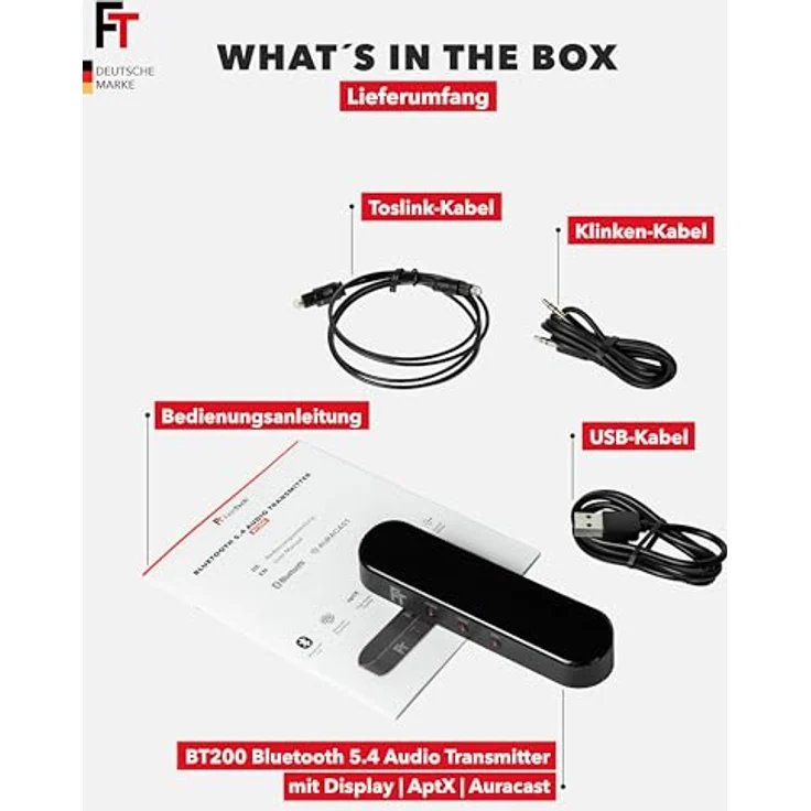 FeinTech BT200 Bluetooth® 5.4 Audio Transmitter, aptX, Auracast, SPDIF-Passthrough, OLED-Display, USB-Audio – Bild 9
