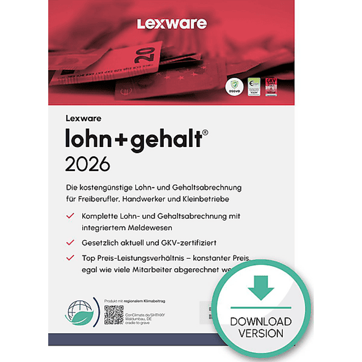 LEXWARE LOHN+GEHALT 2026, Steuersoftware für gesetzlich aktuelle Lohnabrechnungen, 365-TAGE Lizenz, für PC