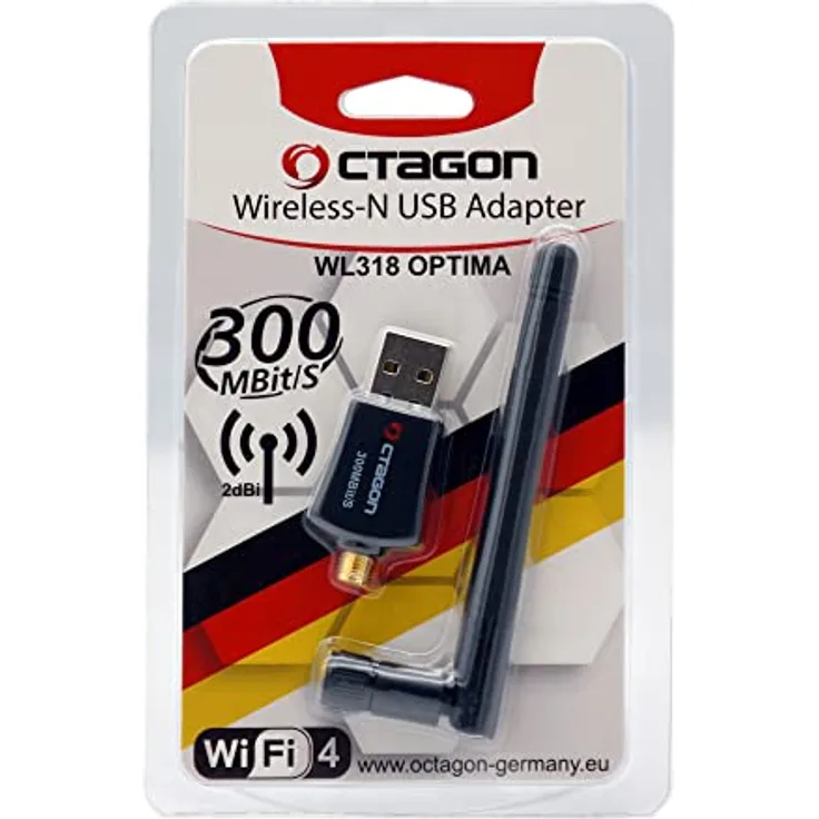 Octagon WL318 Optima WLAN Adapter mit Antenne, 300 MBit/s, 2.4 GHz, USB 2.0, schwarz