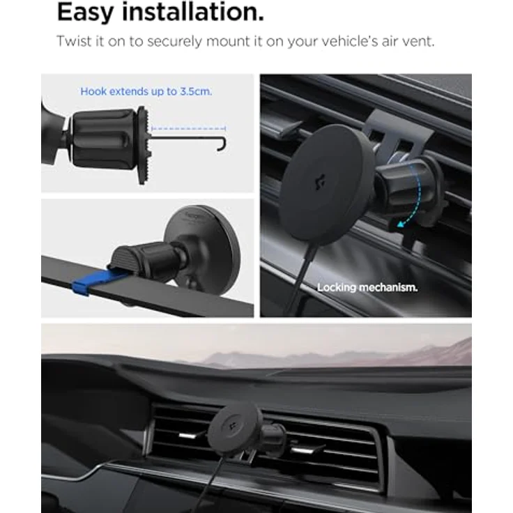 Spigen OneTap Pro 4 MagSafe Car Mount Charger, kabelloses Autoladegerät mit AirVent-Haken, schwarz – Bild 4
