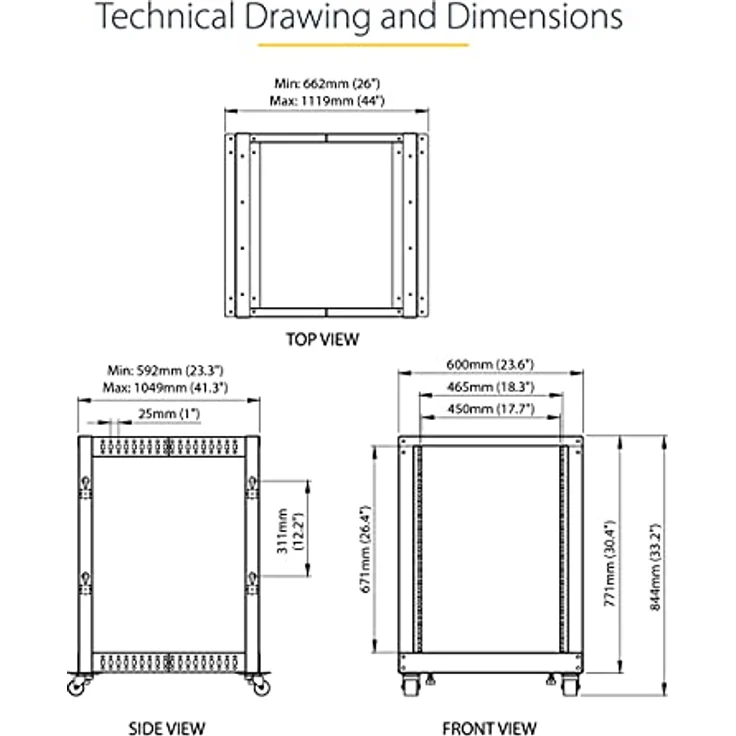 STARTECH.COM 4POSTRACK15U 19-Zoll Serverschrank (15HE, Laborgestell, Tiefenverstellbar 56 bis 102 cm, Tragfähigkeit 544 kg) – Bild 7